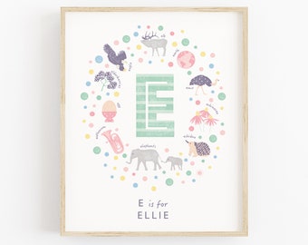 Personalised Baby Girl Name Art, Letter E Nursery Wall Art, Custom Girls Name Sign