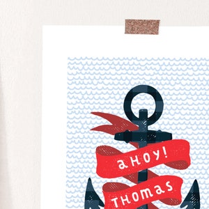 Personalised Nautical Nursery Print, Ahoy Sailor Wall Art, Anchor Decor, Navy and Red Print imagem 2