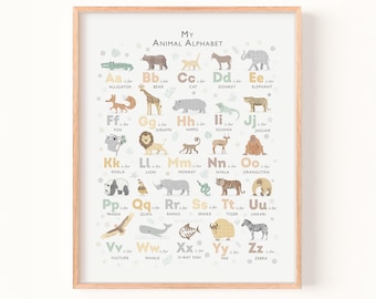 Safari Animal Alphabet Print — Neutral Jungle Wall Art for Baby & Kids Rooms