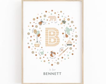 Letter B Wall Art for Kids, Woodland Nursery Decor, Personalised Name Print with Bear