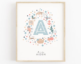 Personalised Letter A Nursery Name Sign, Custom Baby Name Wall Art for Boys, Newborn Boy Nursery Decor in Pastel Blue