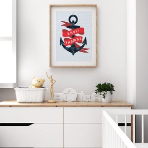 Personalised Nautical Nursery Print, Ahoy Sailor Wall Art, Anchor Decor, Navy and Red Print imagem 4