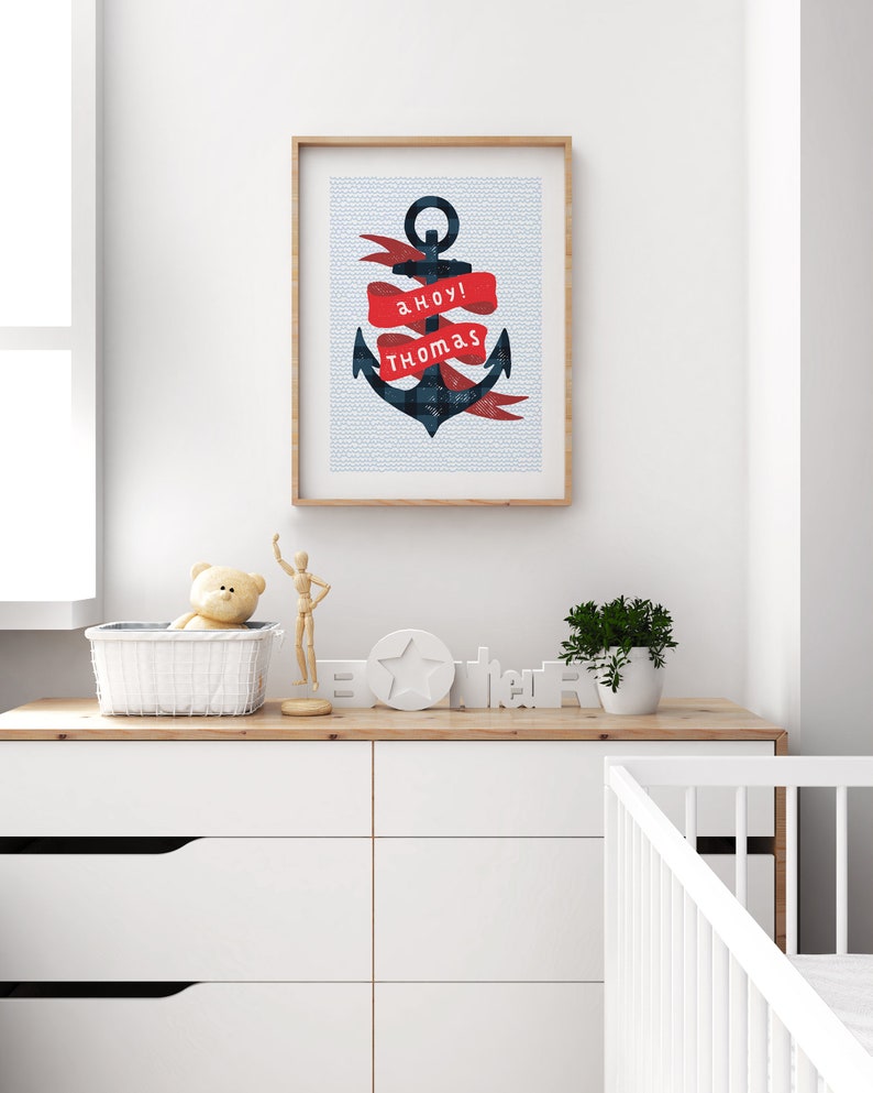 Personalised Nautical Nursery Print, Ahoy Sailor Wall Art, Anchor Decor, Navy and Red Print imagem 4