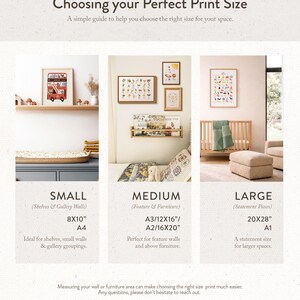 The image is a guide that provides information on choosing the perfect print size for different spaces. It features three different print sizes: small, medium, and large, along with their ideal uses and features.