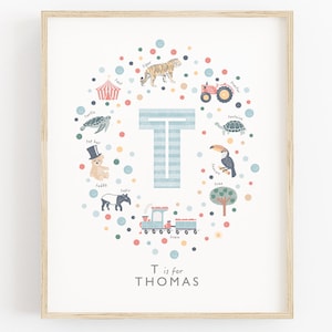 Arte de pared con la letra inicial T para bebé niño, arte de guardería personalizado, letrero con nombre de niño personalizado, decoración de guardería para bebé niño, idea única de regalo para baby shower