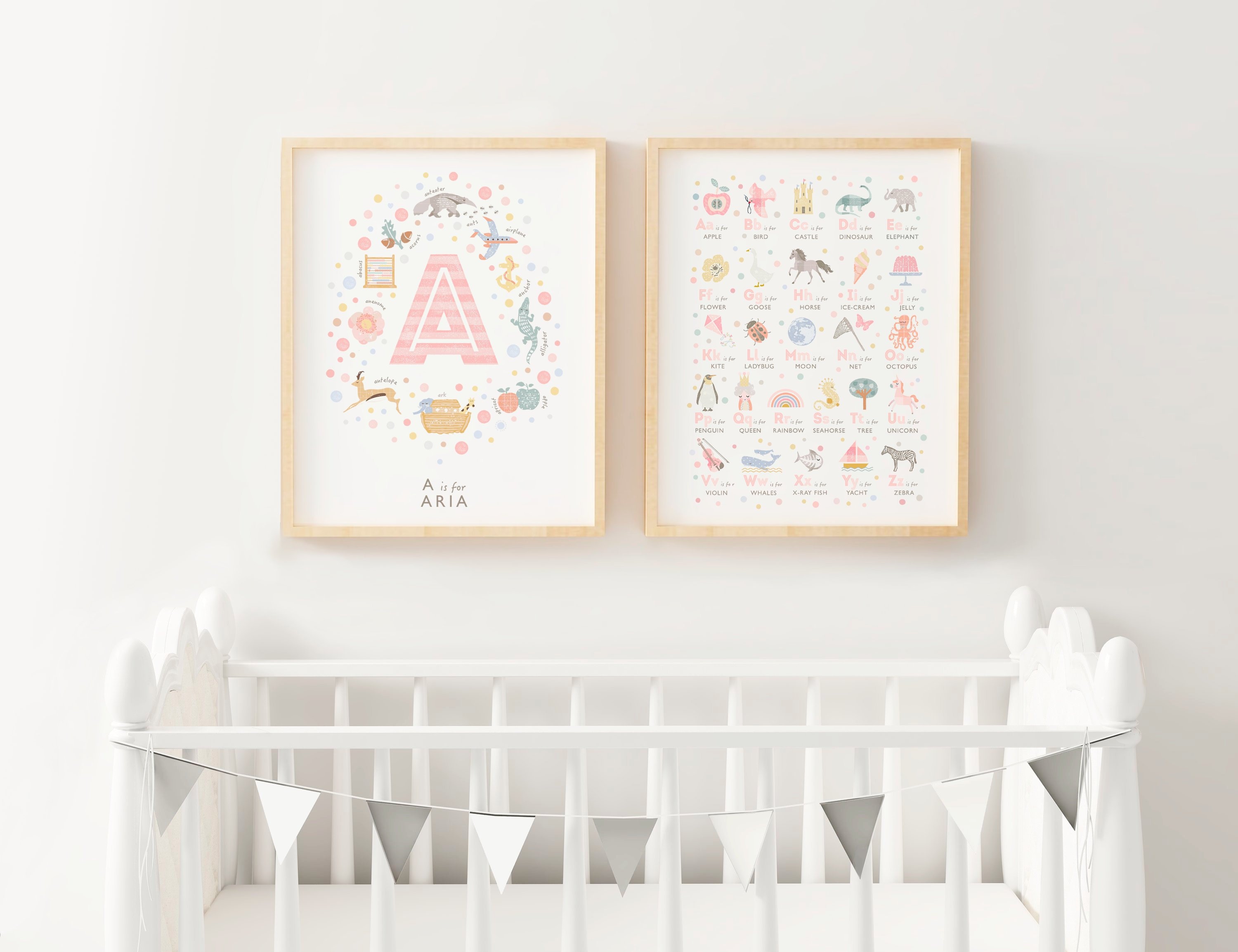 Personalised Girls Nursery Print Set, Alphabet Print and Personalised Name Print, Girls Room Decor Set of 2