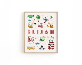 Personalized Transport Nursery Print: Custom Name Vehicles Decor