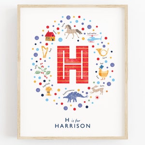 Letra inicial H, arte de pared para bebé niño, impresión personalizada con el nombre del bebé para la habitación de los niños, letrero con el nombre del niño personalizado, decoración de la habitación de los niños