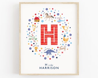 Initial Letter H, Baby Boy Wall Art, Personalised Baby Name Nursery Print, Custom Boys Name Sign, Boys Nursery Decor