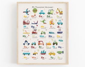 Transport Alphabet Print, Transportation Nursery Decor, Kids Vehicle Poster, Can Be Personalised