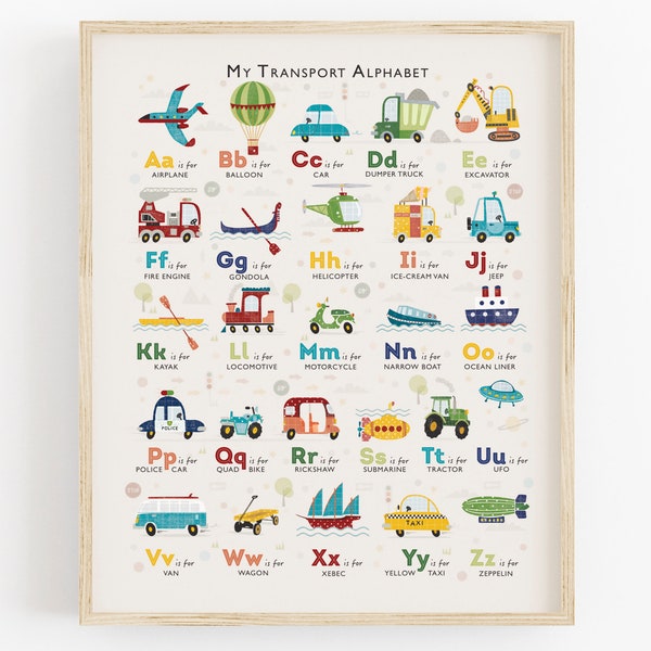 Transport Alphabet Print, Transportation Nursery Decor, Kids Vehicle Poster, Can Be Personalised