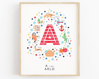 Letter A Boys Name Art Print, Boys Monogram Wall Art, Initial Letter Nursery Decor, Unique Baby Gift Idea, Red Alphabet Art