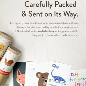 The image is a collage of various printed items, including a roll of paper, a handwritten note, and some illustrations of animals and objects.