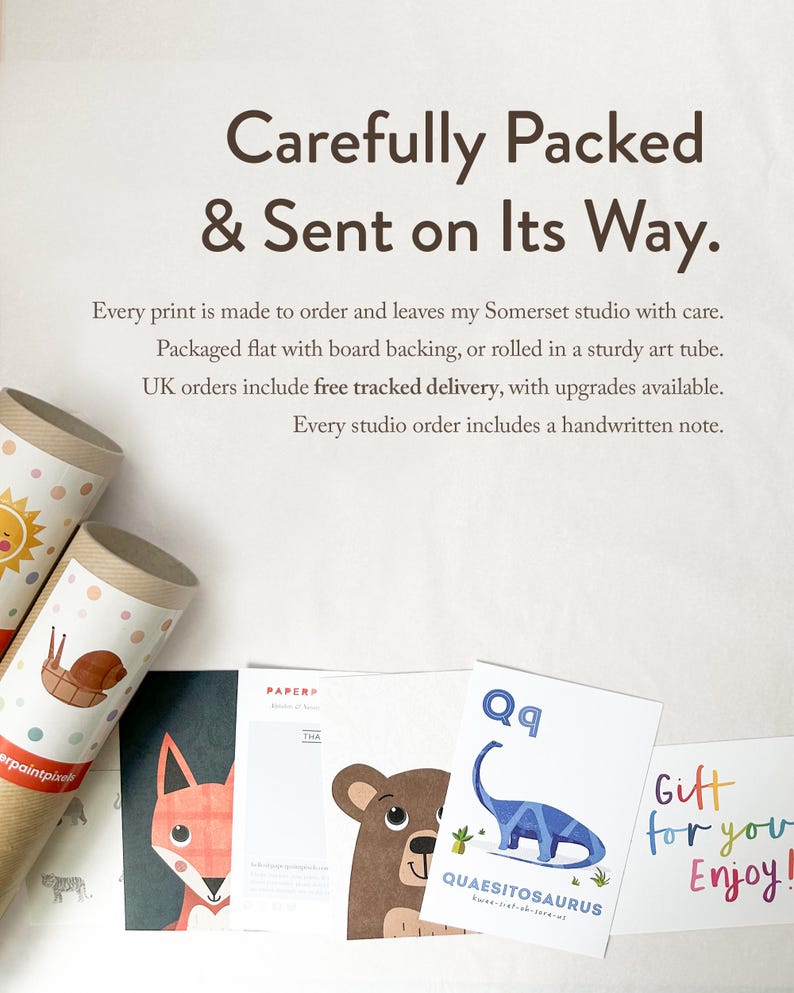 The image is a collage of various printed items, including a roll of paper, a handwritten note, and some illustrations of animals and objects.