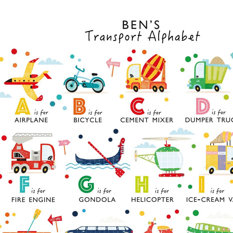 Transport Alphabet Print Set: Vehicle Gallery Wall Art (Personalised) image 3