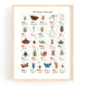 Póster de insectos con alfabeto, arte de pared para niños, cuadro de insectos, decoración de guardería con motivos naturales, regalo para amantes de la naturaleza, póster con abejas, polillas y libélulas