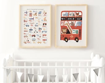 Personalized Mid-Century London Bus Art Print Set– Transport Alphabet A-Z, Custom Nursery Name Decor