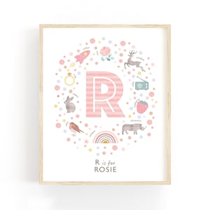 Puede incluir: Una impresión enmarcada con la letra "R" en rayas rosas, rodeada de ilustraciones de un cohete, un anillo, un conejo, un petirrojo, un arcoíris, una rosa, un reno, una radio, una frambuesa y un rinoceronte. El texto "R is for Rosie" está en la parte inferior.
