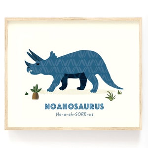 Personalized Name Dinosaur Print, Nursery Art Name, Triceratops Art Print, Custom Print, Dinosaur Birthday gift for Kids, Dinosaur Poster image 1