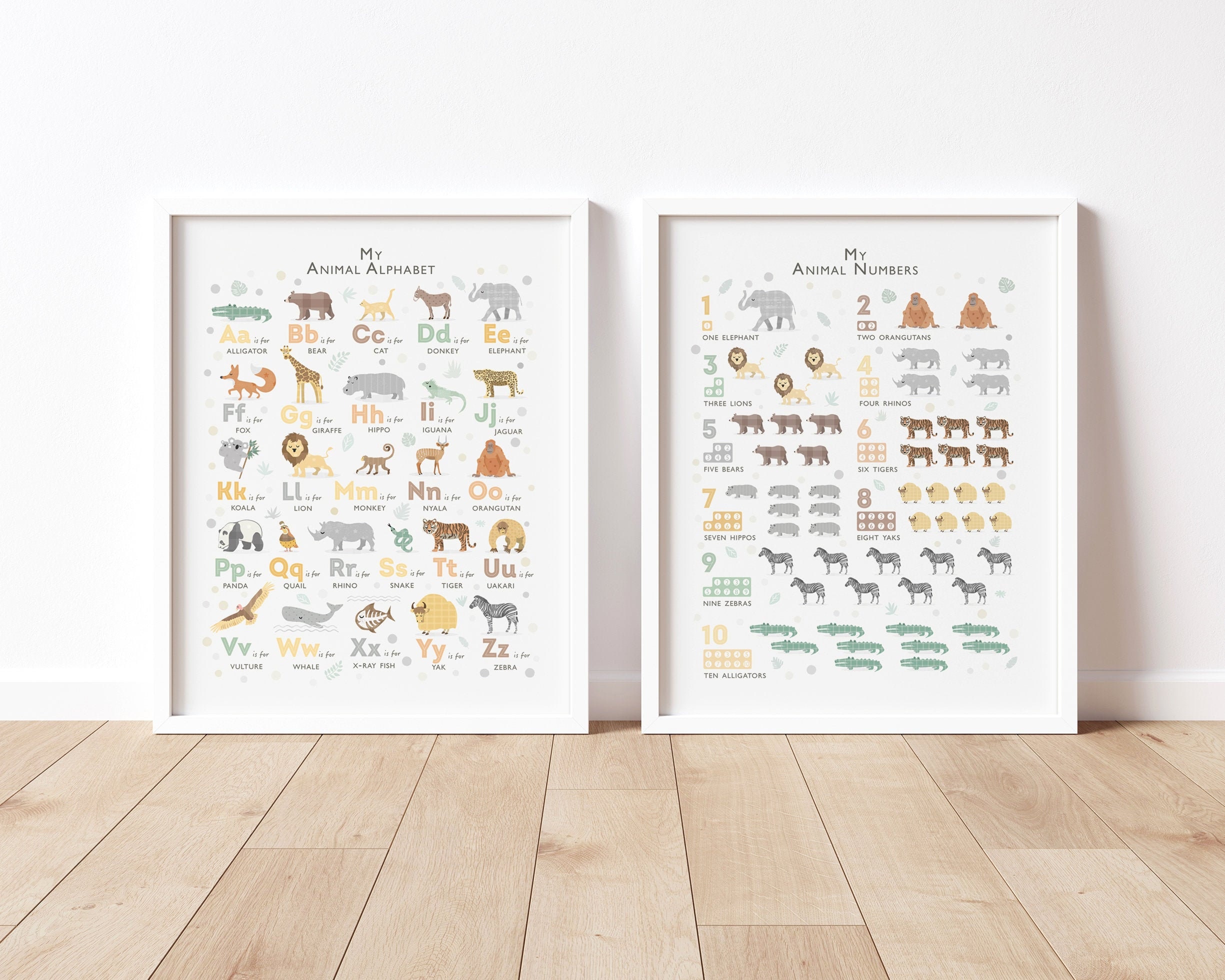 safari animals alphabet print set jungle abc and numbers etsy