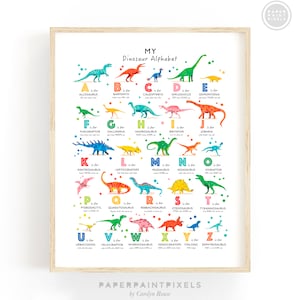 Impresión del alfabeto de dinosaurios, póster del alfabeto de dinosaurios de la A a la Z, decoración de guardería, impresión de guardería de dinosaurios, decoración de pared de dinosaurios