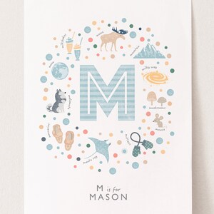 Initial Letter M, Personalised Nursery Print, Baby Boy Wall Art, Custom Boys Name Sign, Boys Nursery Decor image 2