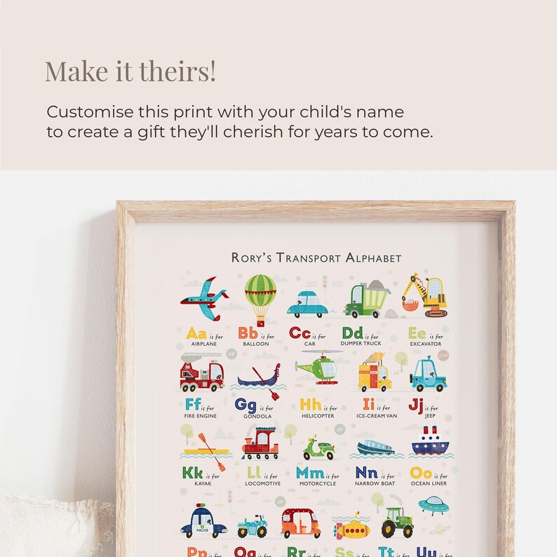 Transport Alphabet Druck, Personalisierte Jungen ABC Poster, Junge Kinderzimmer Drucke, Kinder Fahrzeug Poster, ungerahmt Bild 7