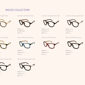 May include: A collection of eight pairs of eyeglasses with wooden frames in various colors and styles. The frames are labeled with the wood type and color, such as "Lincoln ash gold clear" and "Specta wengue black clear".