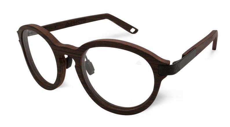 May include: Brown wood-framed round eyeglasses with black metal accents. The brand name "AHITO" is engraved on the frame.