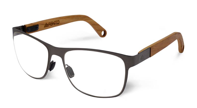 May include: A pair of dark gray metal eyeglasses with clear lenses and wooden brown temples. The brand name "AFENTO" is printed on the temple.
