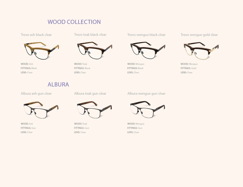 May include: Six pairs of eyeglasses with different wood frames and clear lenses. The frames are labeled with the wood type and color, such as "Trevo ash black clear" and "Albura teak gun clear".