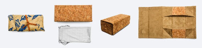 May include: A set of four cork-covered cases for sunglasses. The cases are in different shapes and sizes, and one case is open to reveal a brown interior. The cases are all made of natural cork and have a rustic, earthy look.