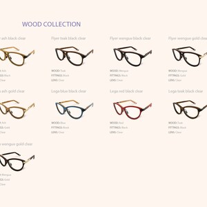 May include: A collection of eight wooden eyeglasses frames in various colors and styles. The frames are labeled with the wood type and lens color. The frames are arranged in two rows of four.
