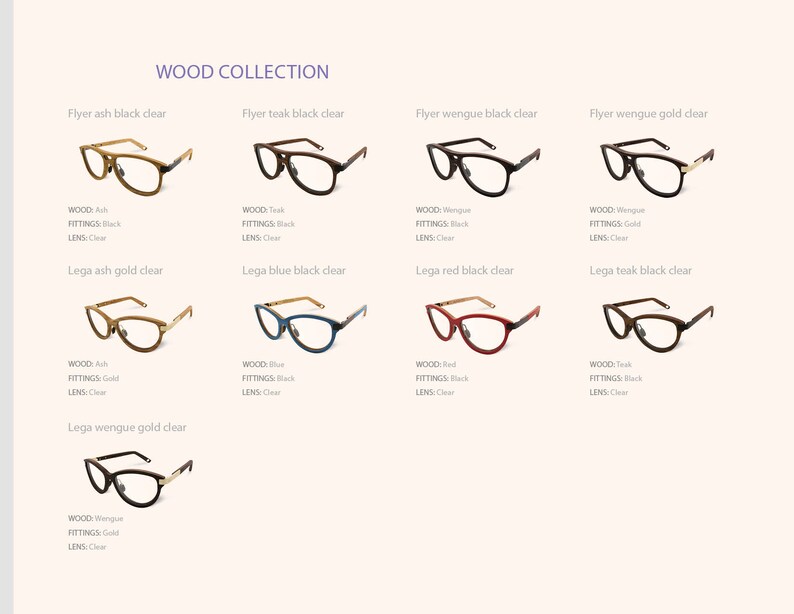 May include: A collection of eight wooden eyeglasses frames in various colors and styles. The frames are labeled with the wood type and lens color. The frames are arranged in two rows of four.
