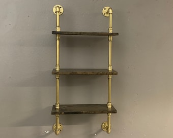 wall shelf, gold pipe painted, wood pipe shelving unit, wood shelves decor, book shelf and decor