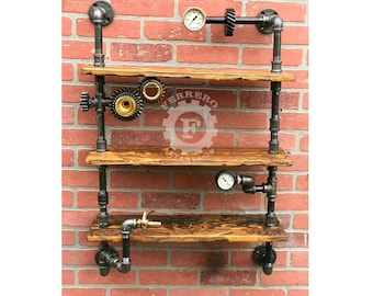 industrial shelf - reclaimed - pipes - steampunk art - pipe - vintage gauges - gears - rustic -distressed