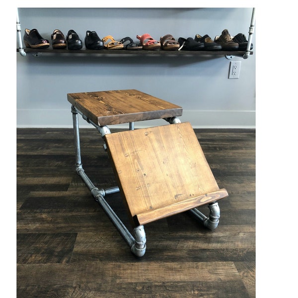 Shoe Fitting Stool, industrial shoes stools for shoe store or boutique pipe wood pipes, reclaimed wood look