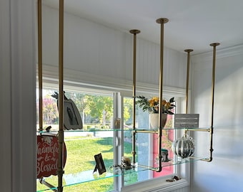 industrial shelf glass and gold brass  painted pipes bar shelving unit we customize kitchen bar office ceiling wall unit bistro unit hanging
