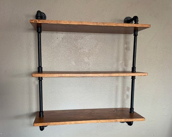 pipe shelves, industrial shelving, wall wood pipe shelf, reclaimed look, metal wood