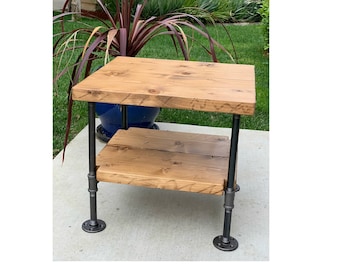 Nightstand pipe, industrial table, table with shelf, wood and pipe, real pipes, casters or no casters reclaimed look