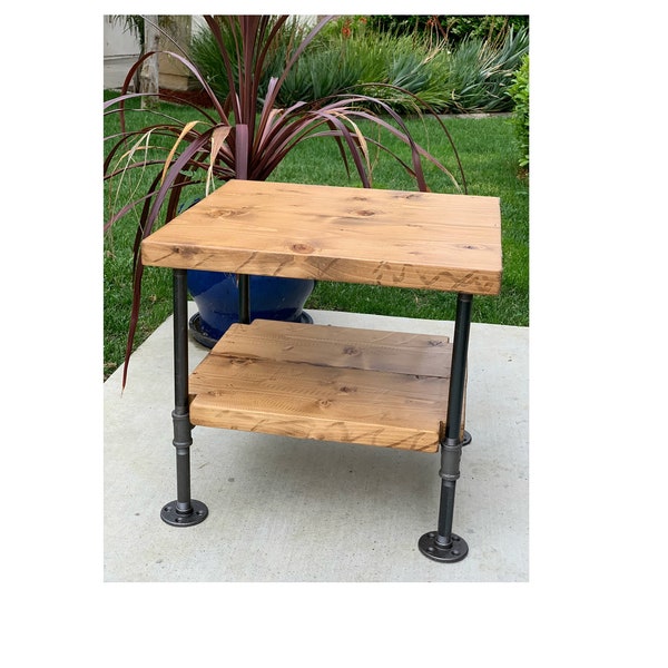 Nightstand pipe, industrial table, table with shelf, wood and pipe, real pipes, casters or no casters reclaimed look