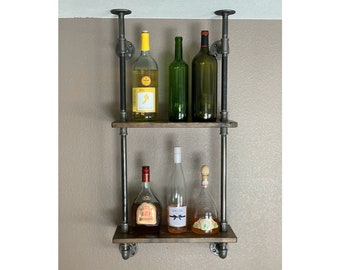 Bar shelving, Bar, industrial pipe, wood shelving, pipes decor, liquor bottles organizer, collection, reclaimed look, wine, glass, rustic