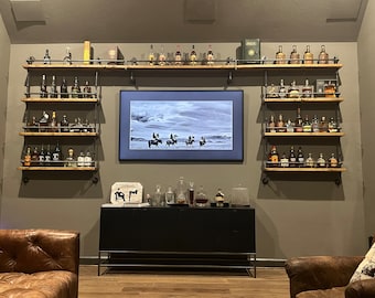 industrial shelving unit wall shelving industrial pipe wood liquor bottles metal pipes rustic collection big book shelf
