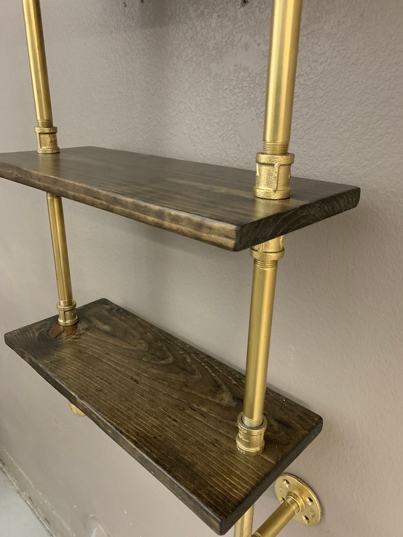 Wall Shelf Gold Pipe Painted Wood Pipe Shelving Unit Wood Etsy