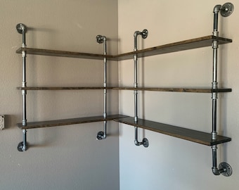industrial shelving for corner wall, bar or kitchen pipe and wood rustic industrial