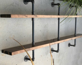 Large Bar shelving shelf  shelves pipe wood reclaimed look industrial decor pipes metal art bottles wine liquour