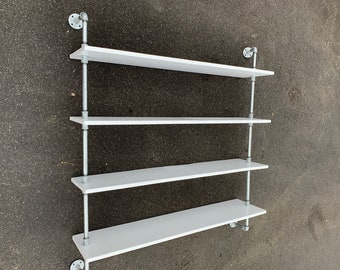 white shelves, wood and pipe, galvanized pipe, industrial pipe, pies industrial, store decor, boutique, closet, book, shelving shelf