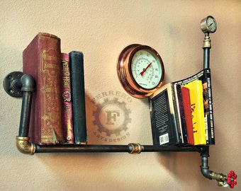 May include: A black metal pipe shelf with a copper gauge and a copper clock face. The shelf is holding a stack of books, including one with the title "Amethyst Heart".
