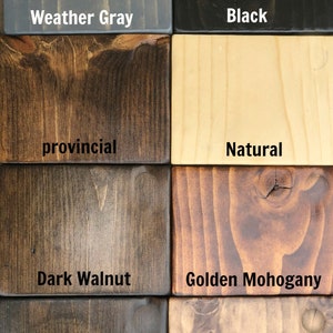 May include: Wood stain color samples in eight different shades: Weather Gray, Black, Provincial, Natural, Dark Walnut, Golden Mahogany, Espresso, and Early American.