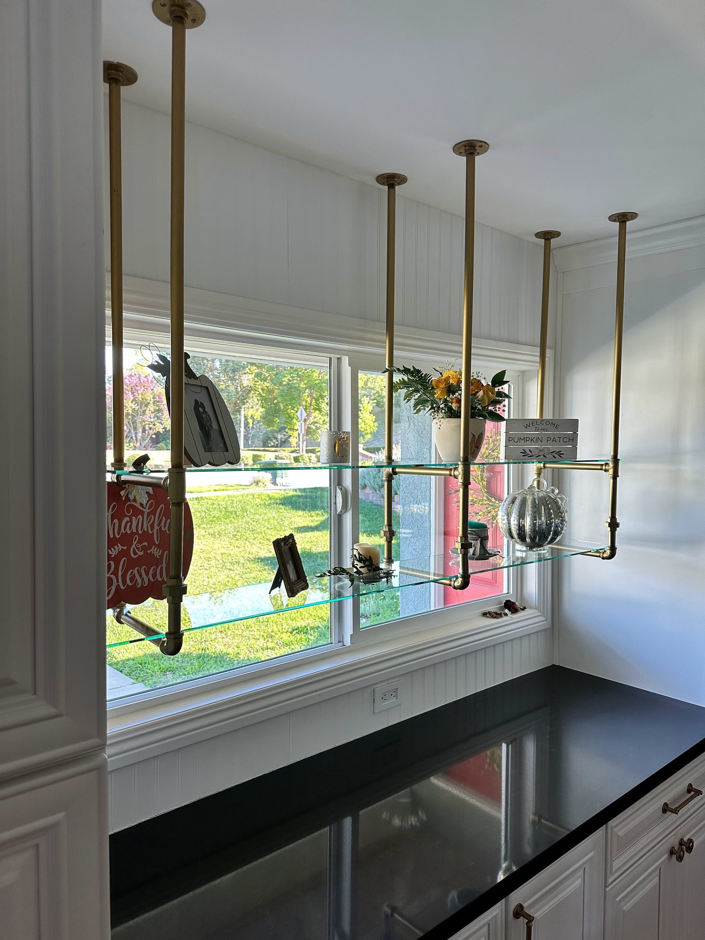 Industrial Shelf Glass and Gold Brass Painted Pipes Bar Shelving Unit We Customize Kitchen Bar Office Ceiling Wall Unit Bistro Unit Hanging Etsy